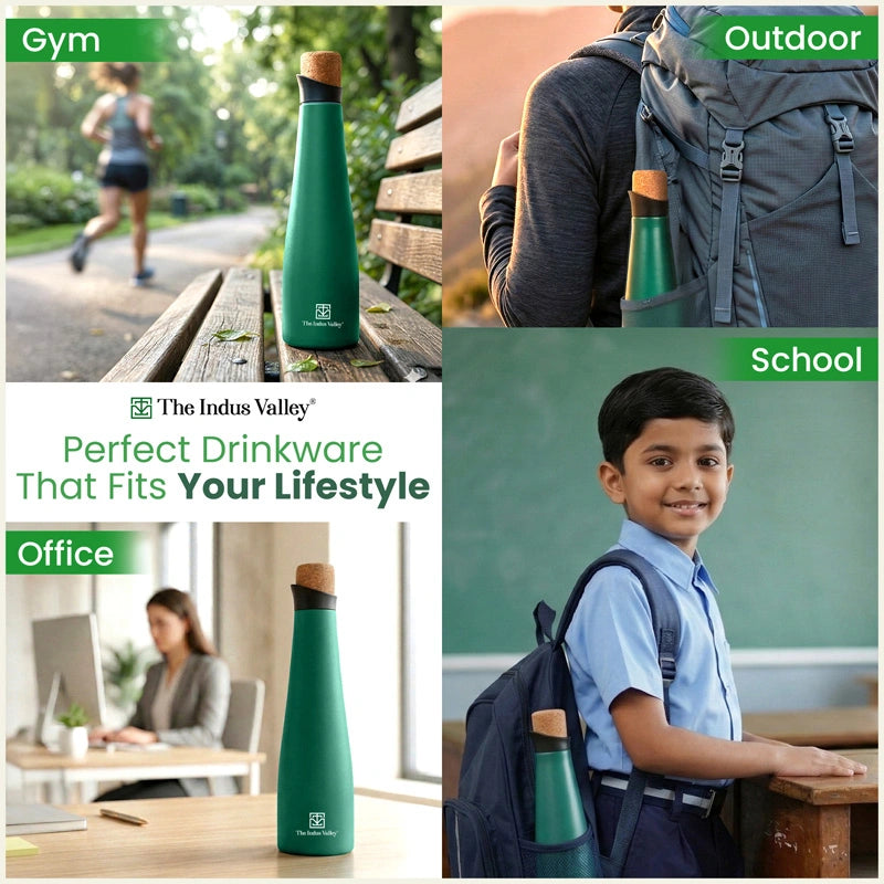 Stainless steel water bottles with cork lid 500 ml Set of 2 – Double Wall, Vacuum insulated, Hot & Cold