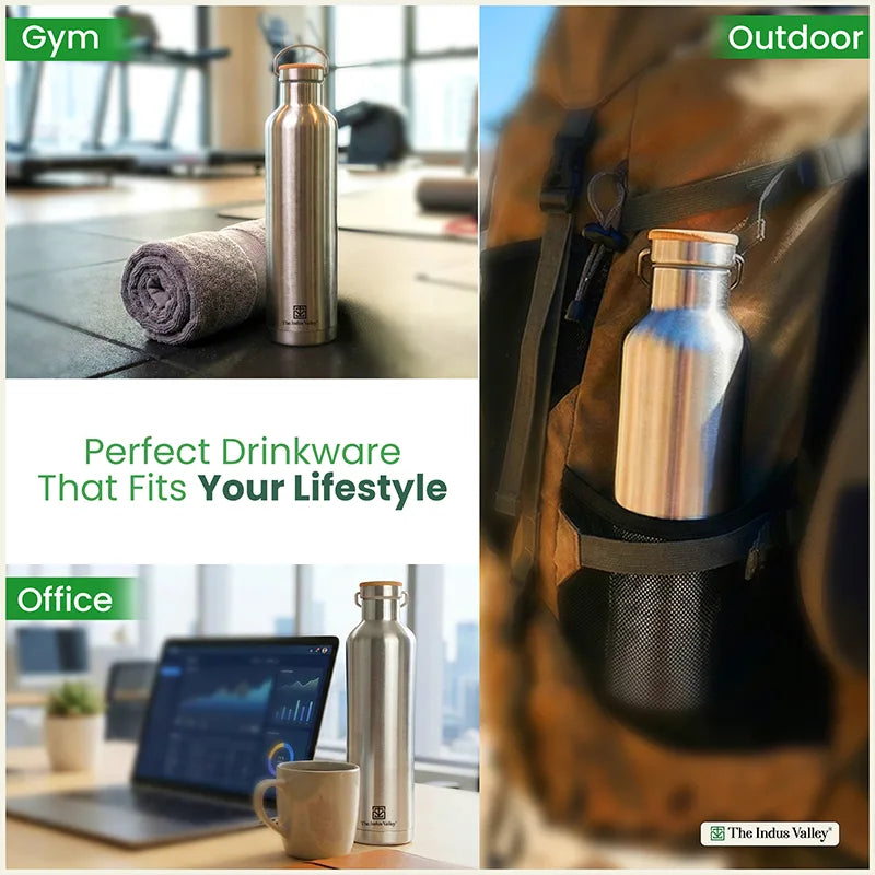 Premium Stainless Steel Bottles with SS Lid 1 Litre Set of 2 – Leak Proof, Double Wall, Vacuum Insulated Hot & Cold