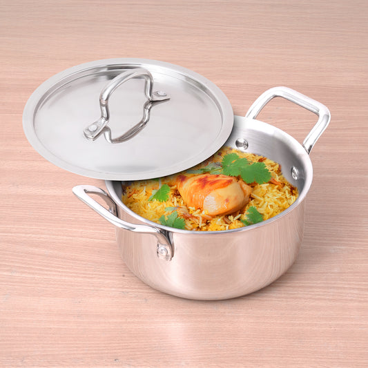 TurboCuk Tri-ply Stainless Steel Casserole/ Biryani Cooking Pot+ Steel Lid, Premium Quality, 3 Layer Thick Body, 100% Toxin-free, Non-stick, Induction & Gas, 3.1L