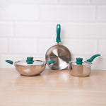 Tri-Steel Stainless Steel Cookware Set: Kadai with Lid+ Tea/Milk Pan with Lid+ Fry Pan, Premium Quality, Tri-ply (3 Layer Bottom), Soft-touch Handles, 100% Toxin-free, Non-stick, Induction & Gas