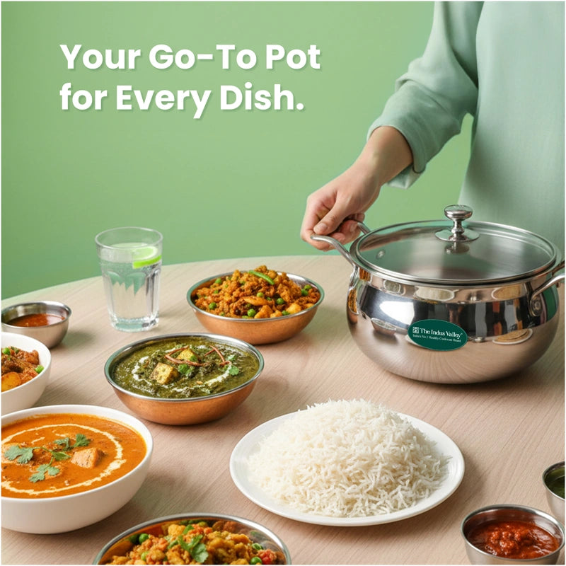 TurboCuk Tri-ply Stainless Steel Handi Casserole/ Biryani Cooking Pot+ Glass Lid 4L, Premium Quality, 3 Layer Thick Body, 100% Toxin-free, Non-stick, Induction & Gas