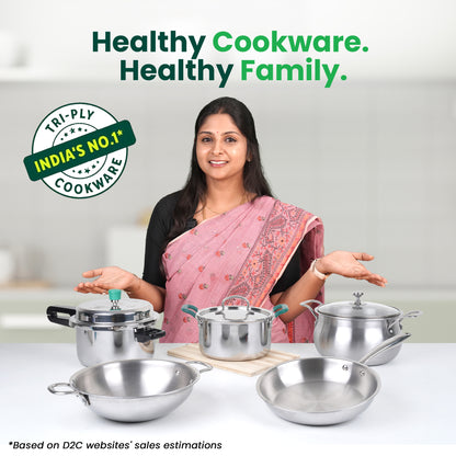 TurboCuk Tri-ply Stainless Steel Fry Pan+ Glass Lid, Premium Quality, 3 Layer Thick Body, 100% Toxin-free, Non-stick, Induction & Gas, 1.5/1.7/1.9L