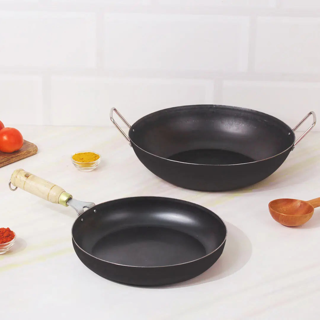 Iron Kadai + Iron pan with wooden handle - The Indus Valley