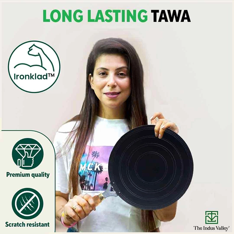 100% Pure Sheet Iron Tawa, Concave, Toxin-free, Seasoned, Wooden Handle, 25.5cm, 0.9kg