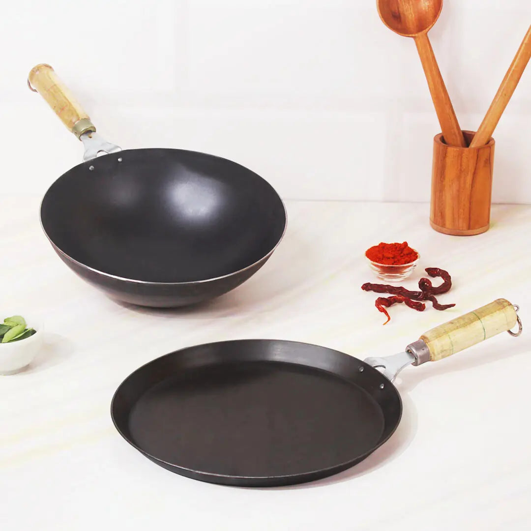Iron Cookware Set-Iron Wok + Iron Tawa - The Indus Valley