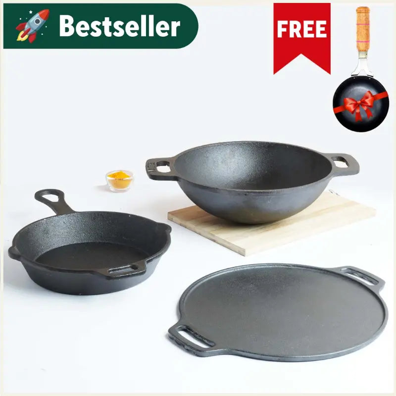CASTrong Cast Iron Cookware Set:Free ₹400 Tadka Pan+Tawa+Kadai+Fry Pan,  Kitchen set for Home, Pre-seasoned,100% Pure,Toxin-free