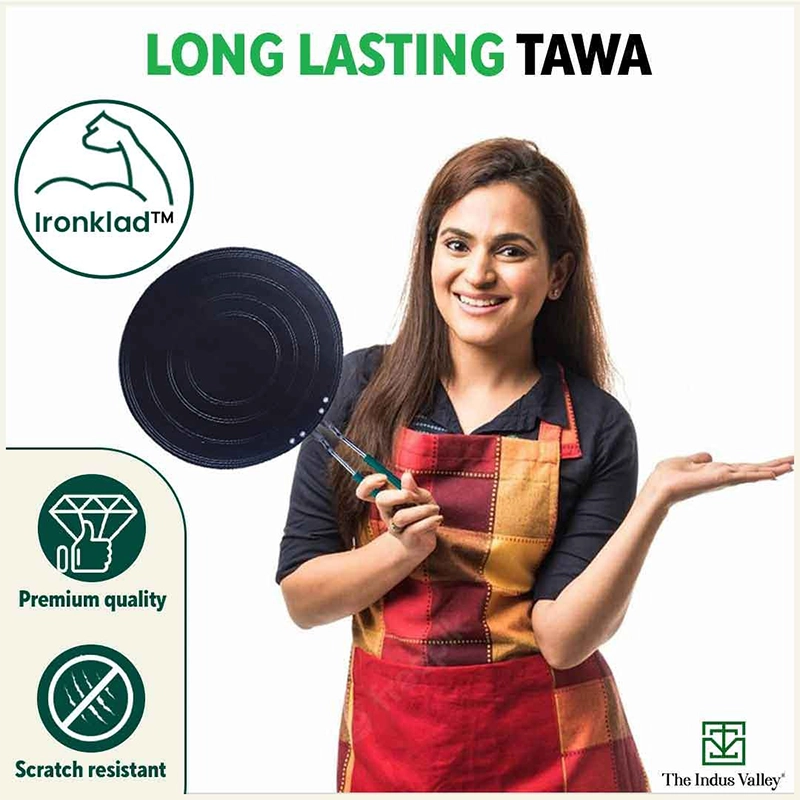 100% Pure Sheet Iron Tawa, Concave, Toxin-free, Seasoned, Silicone Handle,25.5cm/30.5cm