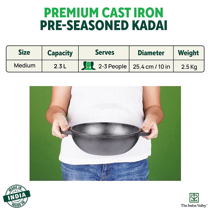 CASTrong Cast Iron Kadai + Free ₹110 Spatula,Pre-seasoned, Nonstick, 100% Pure, Toxin-free, Induction, 25.4 cm, 2.3L, 2.5kg