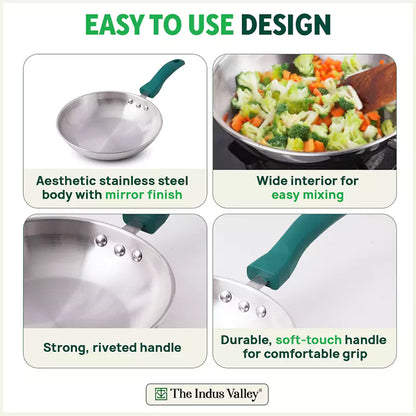 Tri-Steel Stainless Steel Frying Pan/Skillet, Premium Quality, Tri-ply (3 Layer) Bottom, Soft-touch Handle, 100% Toxin-free, Non-stick, Induction & Gas, 20/22cm, 1.2/1.5L