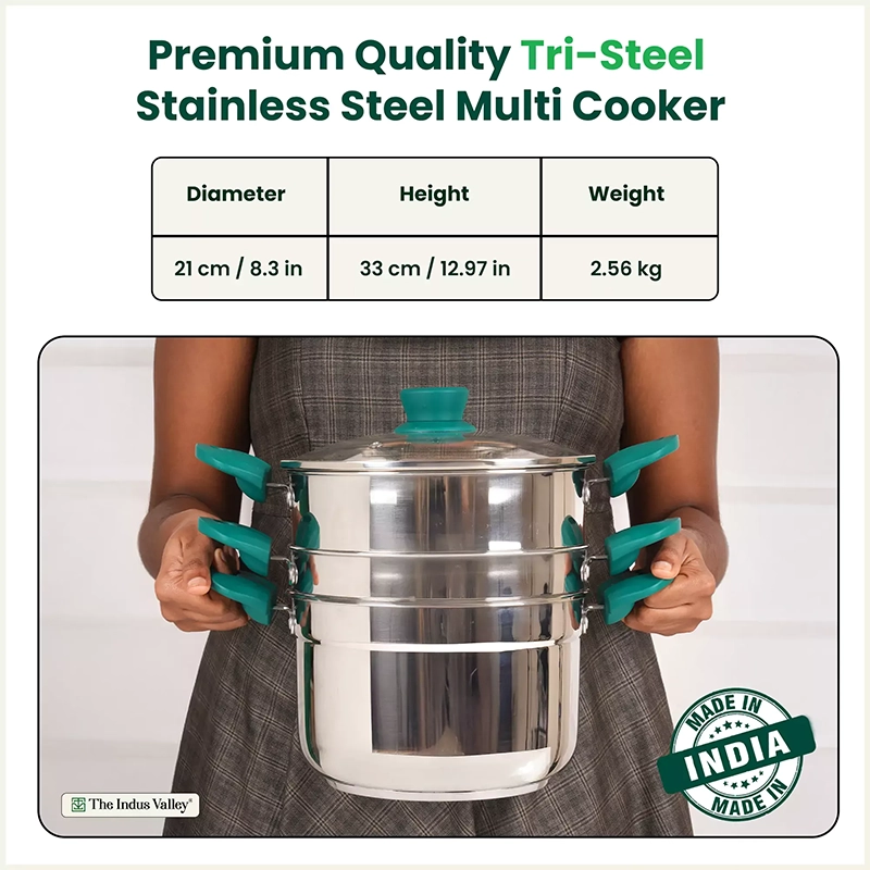 Tri-steel Multi Cooker Pot Premium Stainless Steel Momo Maker/ Idiyappam/ Biryani/ Veg Steaming Set, 3 Pots, 21cm