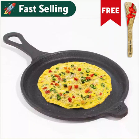 CASTrong Cast Iron Shallow Fry Pan + Free ₹110 Spatula Pre-seasoned, Nonstick, 100% Pure, Toxin-free, Induction, 25cm, 2.2kg