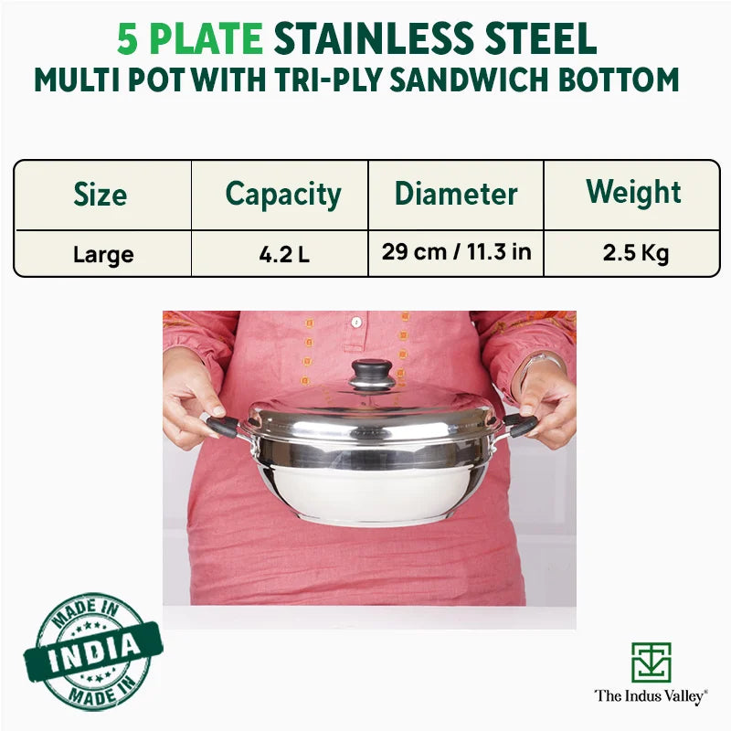 Tri-Steel Premium Stainless Steel Idli/ Dhokla/ Momo Maker/ Multi Pot/ Veg Steaming Set, Tri-ply Induction Bottom, 7 pit, 5 Plates, 4.2L, 2.5kg