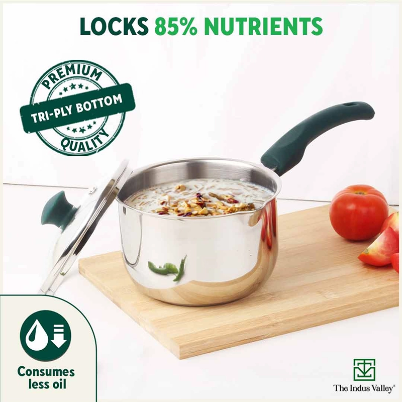 Tri-steel Stainless Steel Tea/Milk Pan with Spout & Glass lid, Premium Quality, Tri-ply (3 Layer) Bottom, 100% Toxin-free, Non-stick, Induction & Gas, 1 Litre