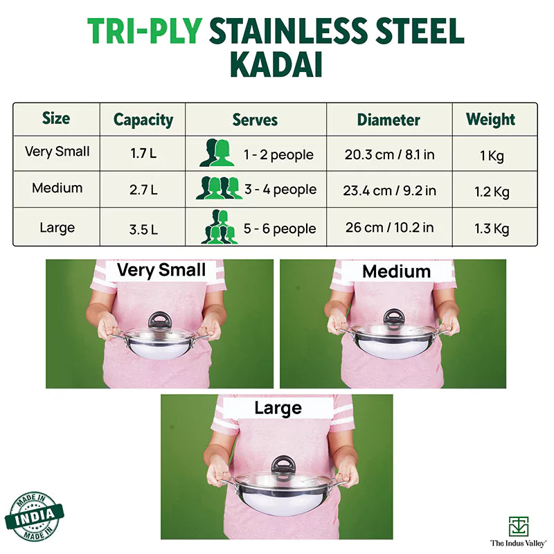TurboCuk Tri-ply Stainless Steel Kadai, Glass Lid, Premium 3 Layer Body, Induction, Non-stick, 1.7/2.7/4L
