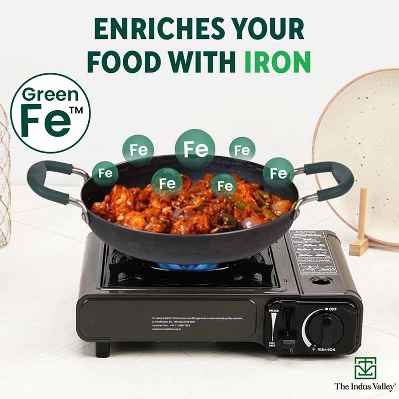 100% Pure Sheet Iron Kadai/ Jalebi/ Paella Pan, Silicone Cool Handles, Seasoned, Toxin-free, Induction, 25.4cm, 1.4L