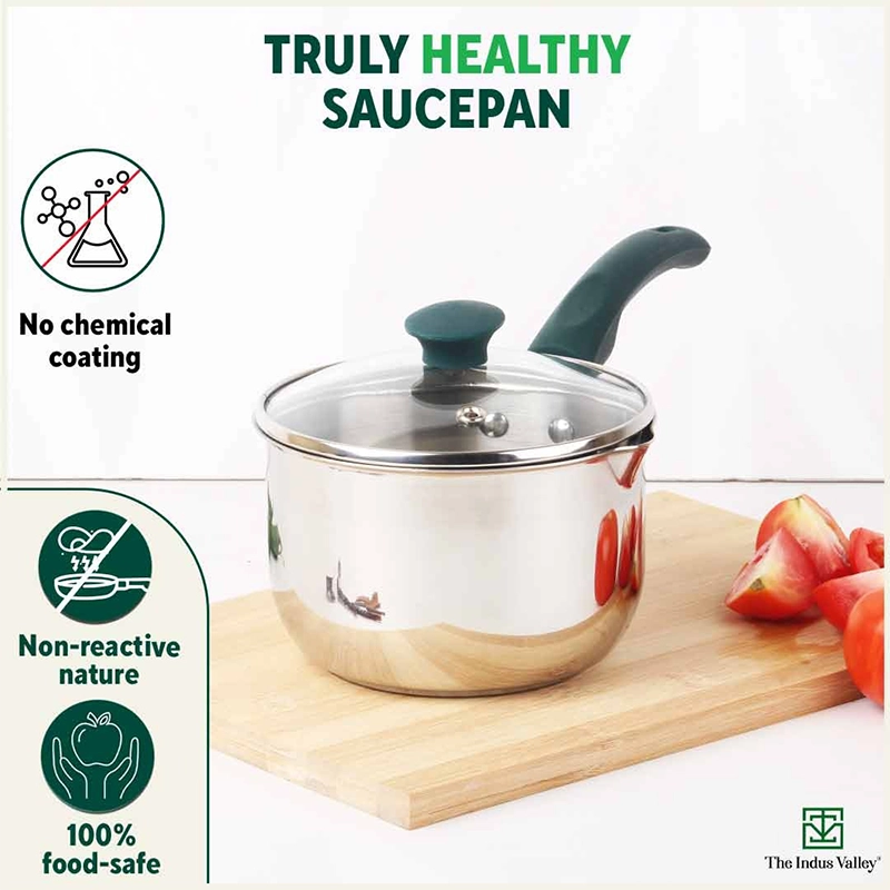 Tri-steel Stainless Steel Tea/Milk Pan with Spout & Glass lid, Premium Quality, Tri-ply (3 Layer) Bottom, 100% Toxin-free, Non-stick, Induction & Gas, 1 Litre