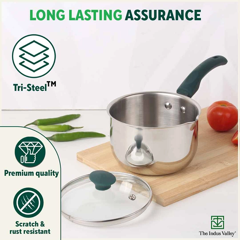 Tri-steel Stainless Steel Tea/Milk Pan with Spout & Glass lid, Premium Quality, Tri-ply (3 Layer) Bottom, 100% Toxin-free, Non-stick, Induction & Gas, 1 Litre