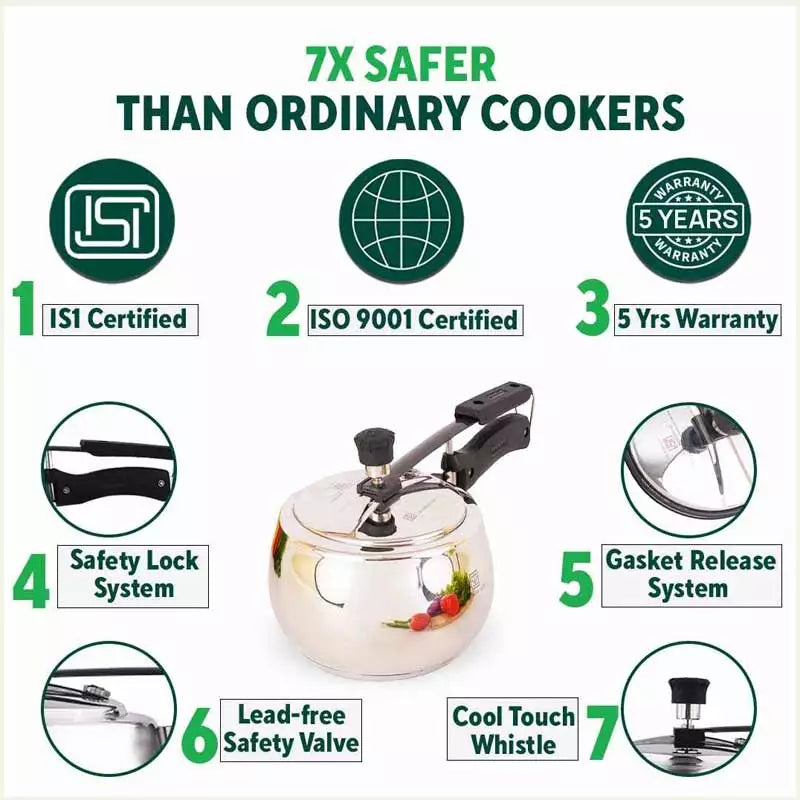 QuicKooker Premium Stainless Steel Pressure Cooker, Tri-ply Induction Bottom, 100% Safe, ISI Certified, 5 Yr Warranty, 3/5L