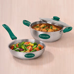 Premium Stainless Steel Impact Bonded Cookware Set: Kadai with common glass lid(22cm)+Frypan(22cm)with common glass lid, Tri-ply (3 Layer) Bottom, Induction & Gas