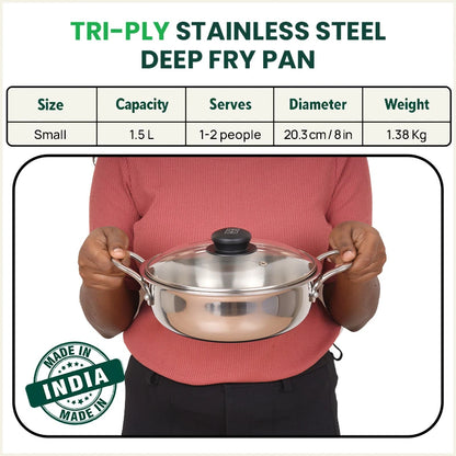 TurboCuk Tri-ply Stainless Steel Deep Fry Pan+ Glass Lid, Premium Quality, 3 Layer Thick Body, 100% Toxin-free, Non-stick, Induction & Gas, 20.3cm, 1.5 L, 1.38kg
