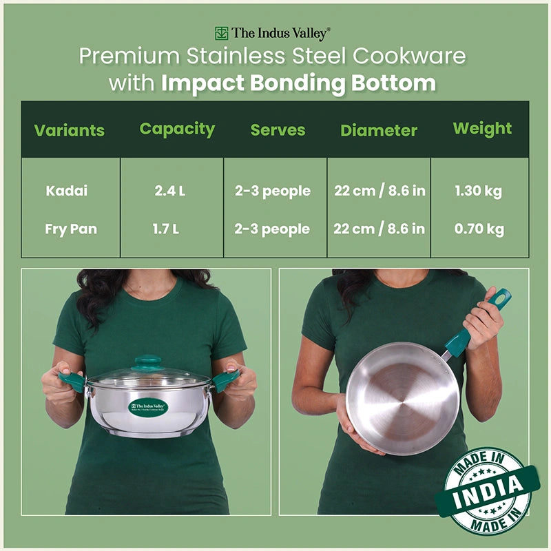 Premium Stainless Steel Impact Bonded Cookware Set: Kadai with common glass lid(22cm)+Frypan(22cm)with common glass lid, Tri-ply (3 Layer) Bottom, Induction & Gas
