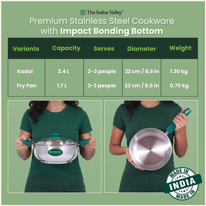 Premium Stainless Steel Impact Bonded Cookware Set: Kadai with common glass lid(22cm)+Frypan(22cm)with common glass lid, Tri-ply (3 Layer) Bottom, Induction & Gas