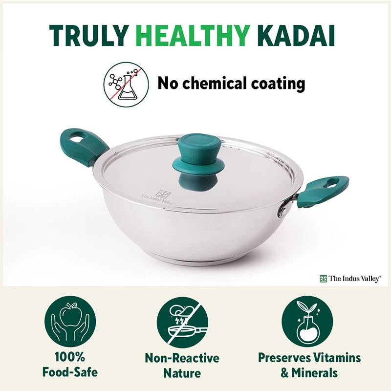 Tri-Steel Stainless Steel Kadai+ Lid 1.6/2.1/3.4/4.5 L, Premium Quality, Tri-ply (3 Layer) Bottom, Cool-touch Handles, 100% Toxin-free, Non-stick, Induction & Gas