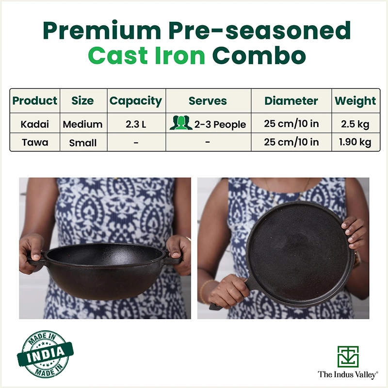 CASTrong Cast Iron Cookware Set: Tawa(25cm) + Kadai(25cm), Kitchen Set for Home, Pre-seasoned, 100% Pure, Toxin-free, Induction
