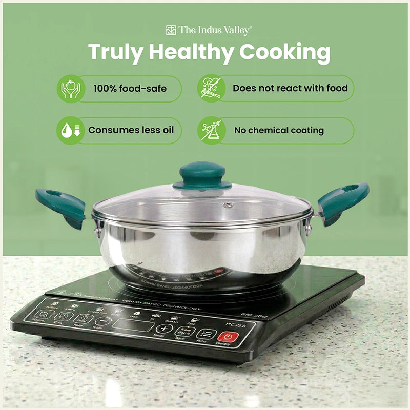 Premium Stainless Steel Impact Bonded Cookware Set: Kadai with common glass lid(22cm)+Frypan(22cm)with common glass lid, Tri-ply (3 Layer) Bottom, Induction & Gas