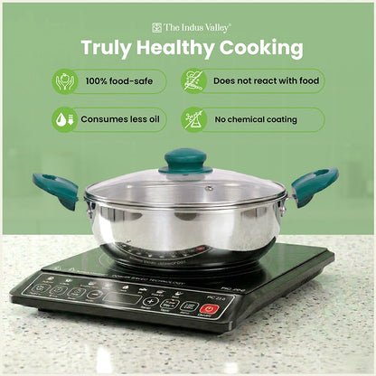 Premium Stainless Steel Impact Bonded Cookware Set: Kadai with common glass lid(22cm)+Frypan(22cm)with common glass lid, Tri-ply (3 Layer) Bottom, Induction & Gas