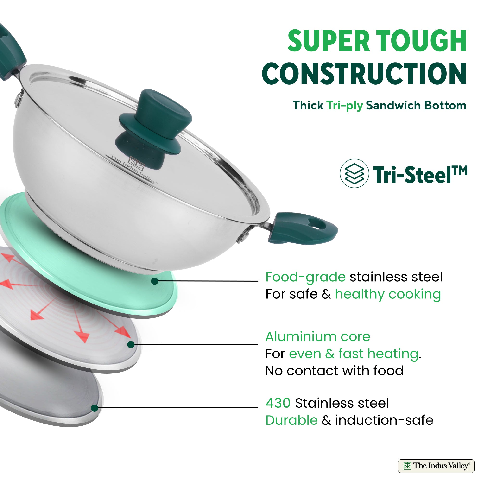 Tri-Steel Stainless Steel Kadai+ Lid 1.6/2.1/3.4/4.5 L, Premium Quality, Tri-ply (3 Layer) Bottom, Cool-touch Handles, 100% Toxin-free, Non-stick, Induction & Gas