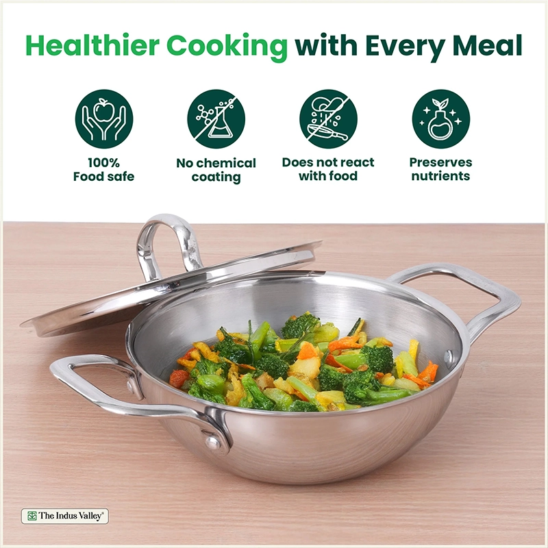 TurboCuk Tri-ply Stainless Steel Kadai+ Steel Lid 18cm Premium Quality, 3 Layer Thick Body, 100% Toxin-free, Non-stick, Induction & Gas