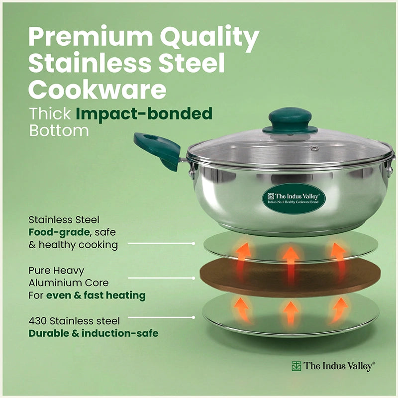 Premium Stainless Steel Impact Bonded Cookware Set: Kadai with common glass lid(22cm)+Frypan(22cm)with common glass lid, Tri-ply (3 Layer) Bottom, Induction & Gas