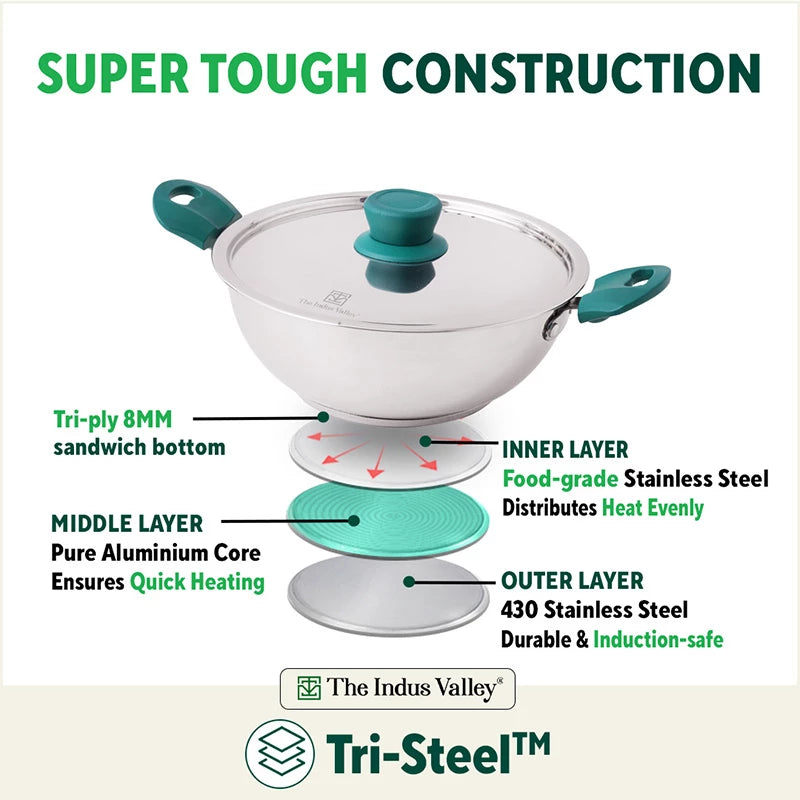 Tri-Steel Stainless Steel Cookware Set: Kadai with Lid(22cm)+ Tea/Milk Pan with Lid(16cm)+ Fry Pan(22cm), Premium Quality, Tri-ply (3 Layer Bottom), Soft-touch Handles, 100% Toxin-free, Non-stick, Induction & Gas