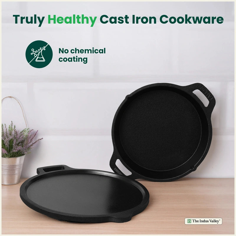 CASTrong Cast Iron Combo - Tawa [27.5 cm] + Skillet [25 cm] + Free Wooden Flip, Pre-seasoned, 100% Pure, Toxin-free, Induction Compatible