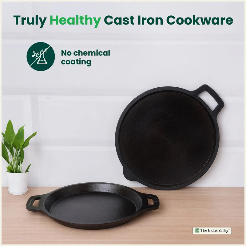 CASTrong Cast Iron Combo - Tawa [27.5 cm] + Fish Fry Pan [22.5 cm] + Free Wooden Flip, Pre-seasoned, 100% Pure, Toxin-free, Induction Compatible