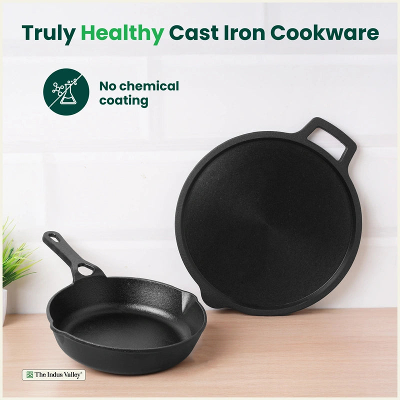 CASTrong Cast Iron Combo - Tawa [27.5 cm] + Skillet [20.7 cm] + Free Wooden Flip, Pre-seasoned, 100% Pure, Toxin-free, Induction Compatible