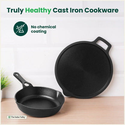 CASTrong Cast Iron Combo - Tawa [27.5 cm] + Skillet [20.7 cm] + Free Wooden Flip, Pre-seasoned, 100% Pure, Toxin-free, Induction Compatible