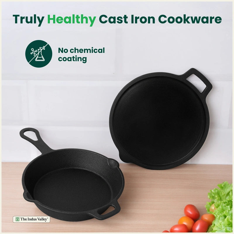 CASTrong Cast Iron Combo - Tawa [27.5 cm] + Skillet [24.6 cm] + Free Wooden Flip, Pre-seasoned, 100% Pure, Toxin-free, Induction Compatible