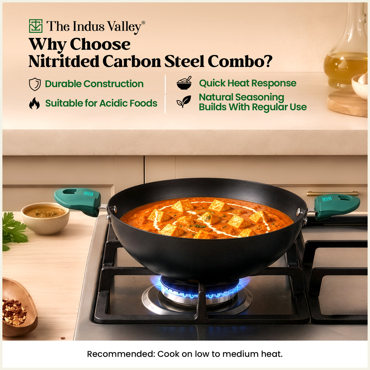 Nitrided Carbon Steel Combo Set of 3 – 26cm Tawa + 24cm Kadai + 24cm Fry Pan| Rust-Free | No Sticking