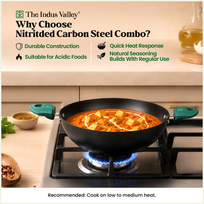 Nitrided Carbon Steel Combo Set of 3 – 26cm Tawa + 24cm Kadai + 24cm Fry Pan| Rust-Free | No Sticking