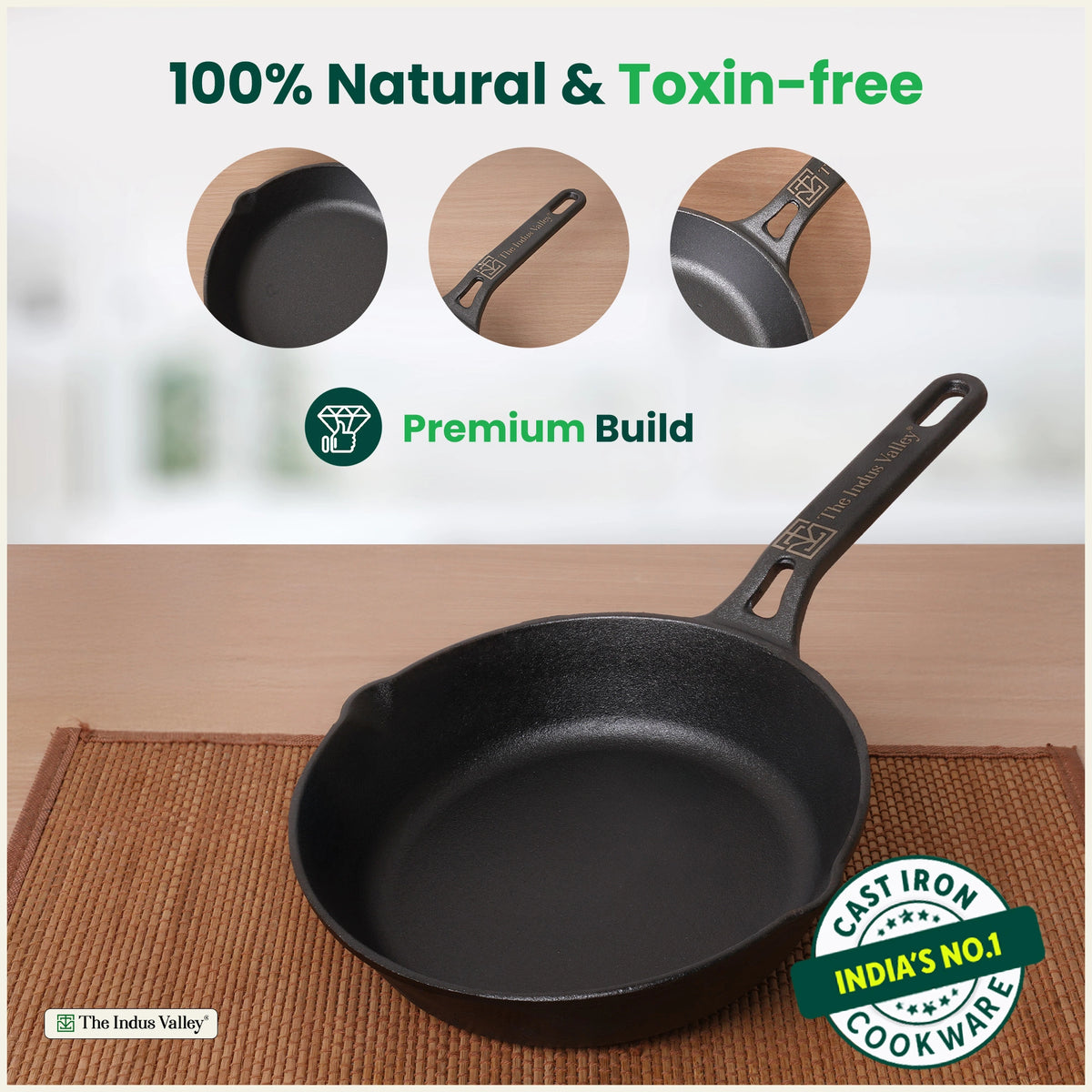 Premium CASTrong Cast Iron fry pan/ skillet 20.5 cm Pre-seasoned, Naturally Nonstick, 100% Pure, Toxin-free, Fry pan for Kitchen Use 2 kg