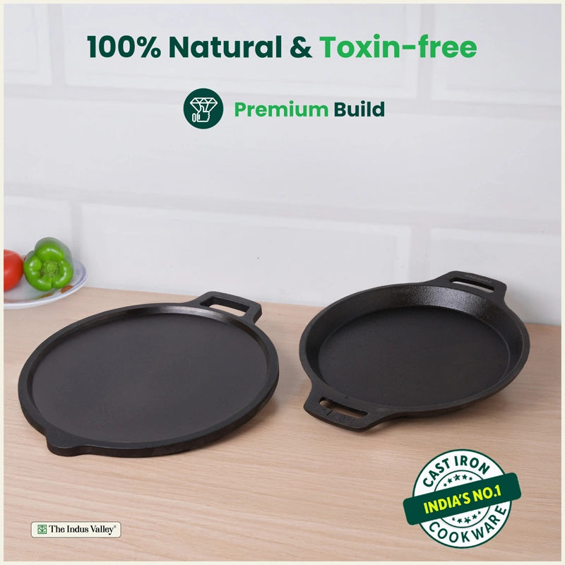 CASTrong Cast Iron Combo - Tawa [27.5 cm] + Fish Fry Pan [22.5 cm] + Free Wooden Flip, Pre-seasoned, 100% Pure, Toxin-free, Induction Compatible