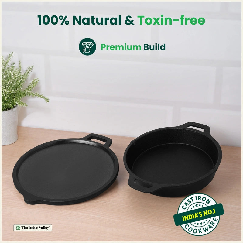 CASTrong Cast Iron Combo - Tawa [27.5 cm] + Skillet [25 cm] + Free Wooden Flip, Pre-seasoned, 100% Pure, Toxin-free, Induction Compatible