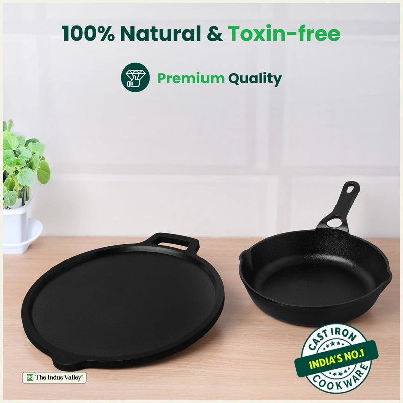 CASTrong Cast Iron Combo - Tawa [27.5 cm] + Skillet [20.7 cm] + Free Wooden Flip, Pre-seasoned, 100% Pure, Toxin-free, Induction Compatible