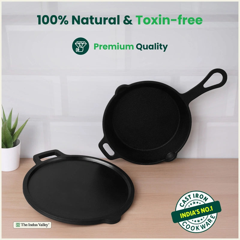 CASTrong Cast Iron Combo - Tawa [27.5 cm] + Skillet [24.6 cm] + Free Wooden Flip, Pre-seasoned, 100% Pure, Toxin-free, Induction Compatible