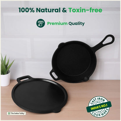 CASTrong Cast Iron Combo - Tawa [27.5 cm] + Skillet [24.6 cm] + Free Wooden Flip, Pre-seasoned, 100% Pure, Toxin-free, Induction Compatible