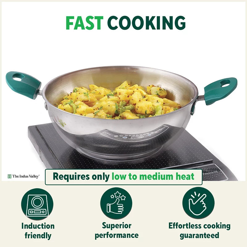 Tri-Steel Stainless Steel Kadai+ Lid 1.6/2.1/3.4/4.5 L, Premium Quality, Tri-ply (3 Layer) Bottom, Cool-touch Handles, 100% Toxin-free, Non-stick, Induction & Gas