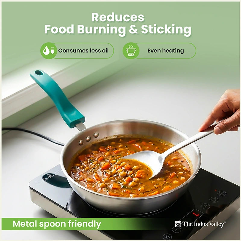 Premium Stainless Steel Impact Bonded Cookware Set: Kadai with common glass lid(22cm)+Frypan(22cm)with common glass lid, Tri-ply (3 Layer) Bottom, Induction & Gas