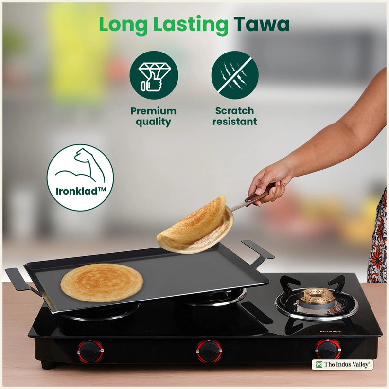 100% Pure Iron Rectangular Tawa with Double Handles, Pre-Seasoned, Toxin-free, Induction, 30cm